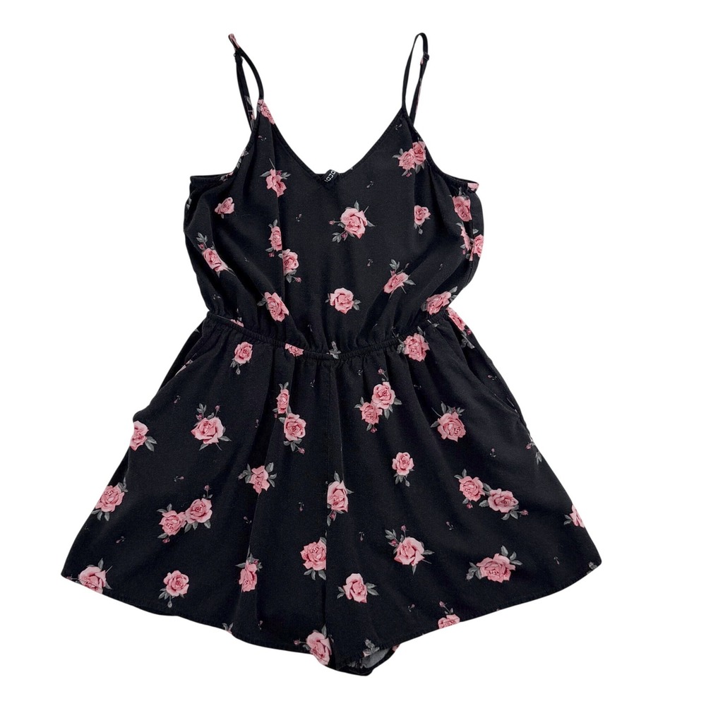HM Divided Women Black Pink Rose Floral Romper V-Neck Adjustable‎ Straps Size 10